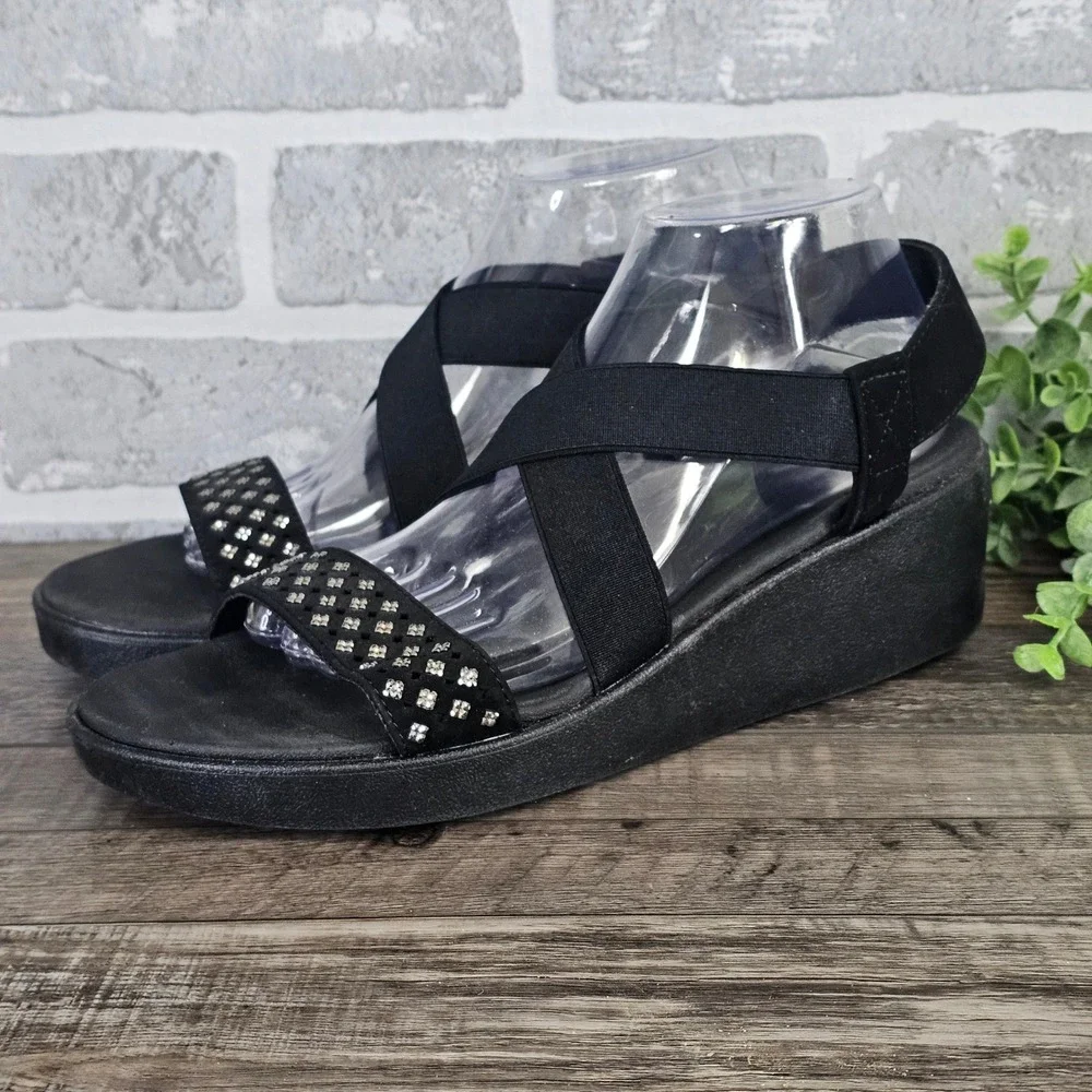 Skechers Rumblers Solar Burst Black Wedge Sandals‎ Women 10 Rhinestone Strappy